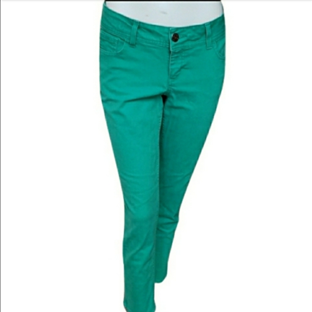 Riders by Lee US 8 green mid-rise slim straight leg jeans w rhinestone pockets